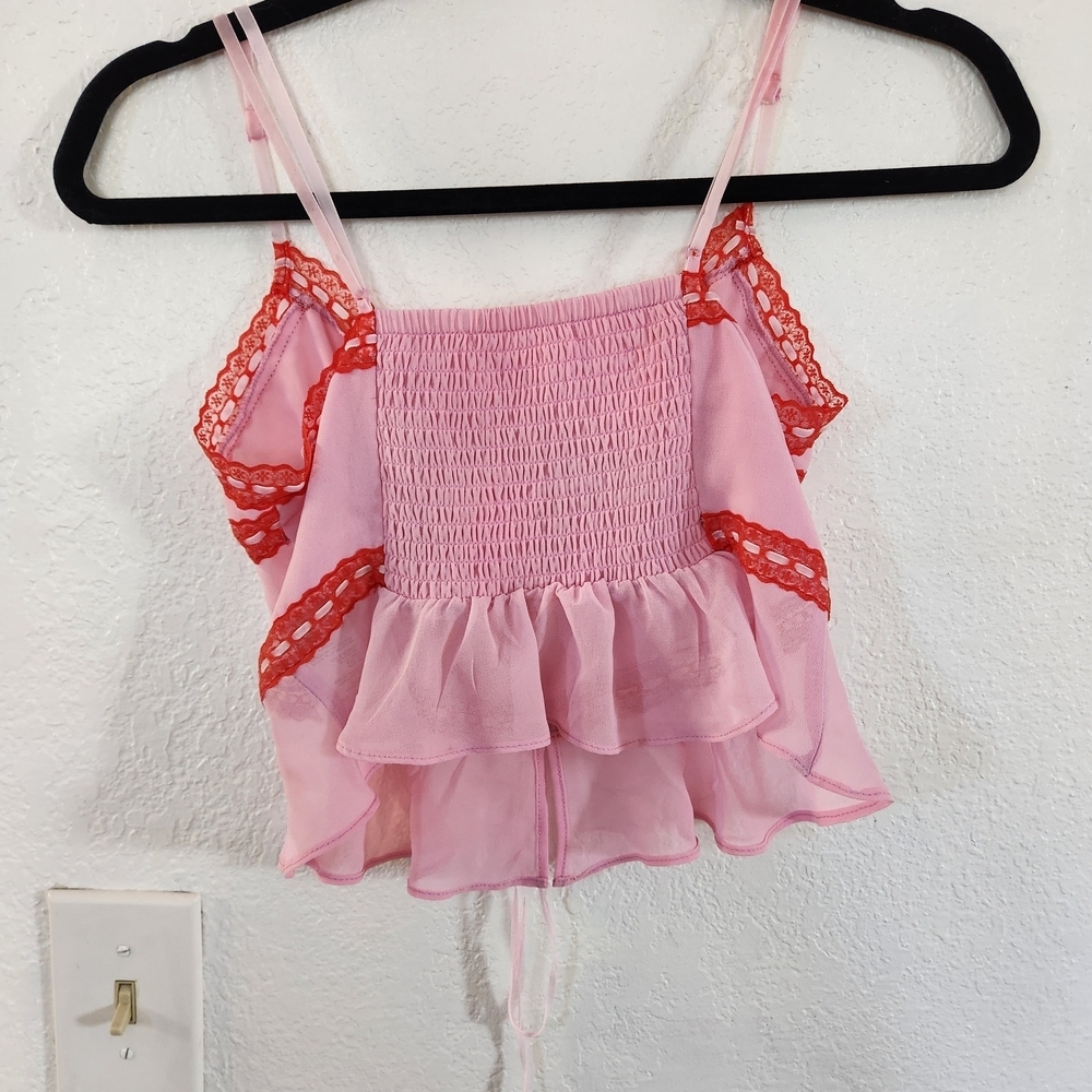 Y2K Urban Outfitters Kimchi Blue Ivy Pink Red Lace Babydoll Crop Top Valentines - Picture 8 of 8